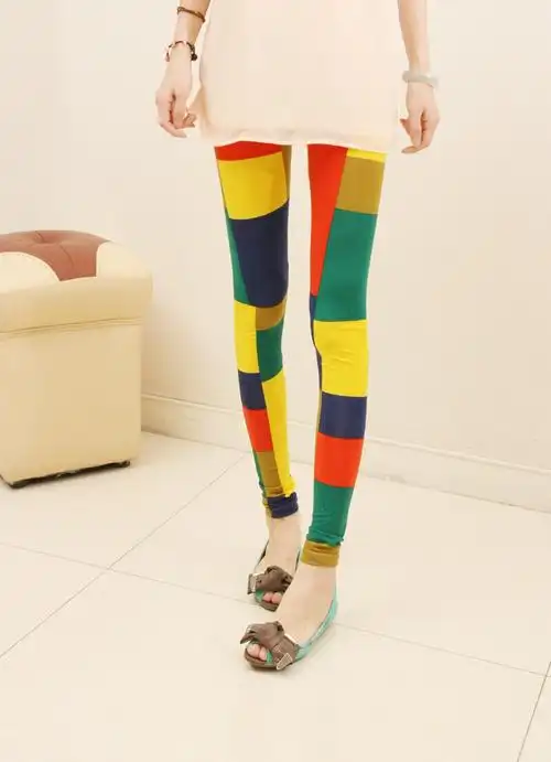 彩色格子打底裤