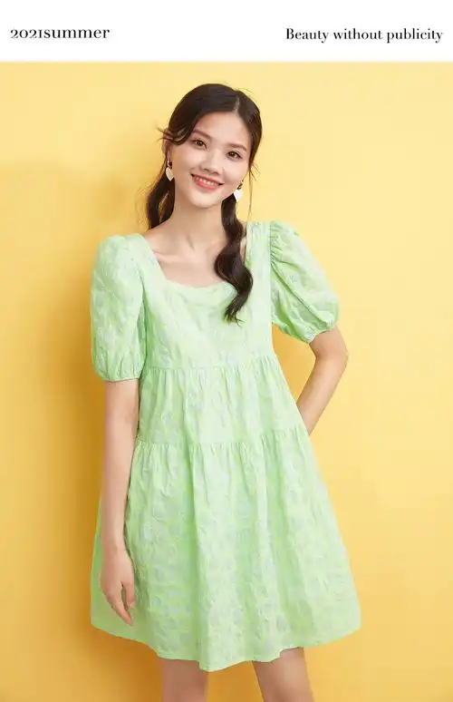 红袖泡泡袖连衣裙2021夏装新款波点镂空系带方领裙子 薄荷绿310 xs