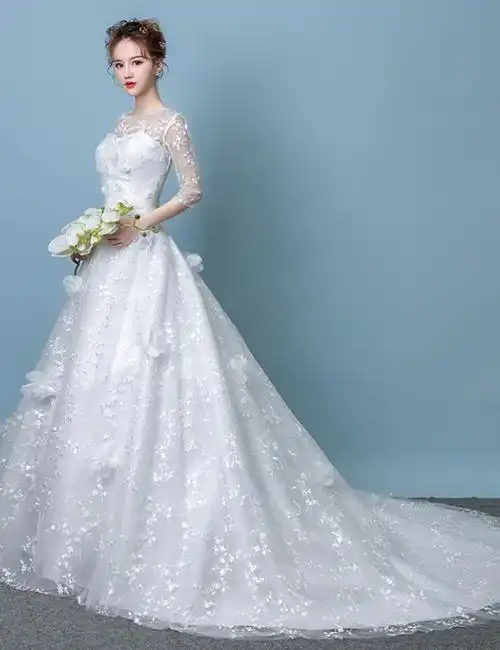 韩版新娘长袖婚纱敬酒服孕妇嫁衣高腰显瘦一字肩婚纱礼服拖尾婚纱齐地