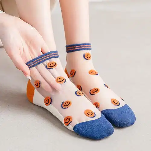 薄款凉鞋袜子女夏季网纱透明水晶玻璃卡丝袜女纯棉底低帮笑脸短袜