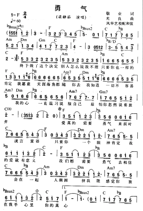《勇气》梁静茹演唱(奏) ,原创歌曲简谱,通俗歌曲,国语歌曲谱 - 歌曲