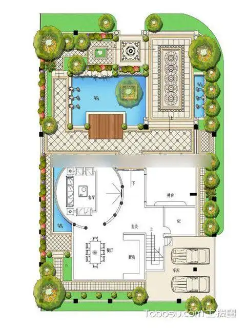 与前两种设计平面图不同的地方在于,这种别墅户型房子与庭院基本上是