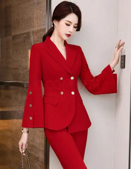 昂柏红色西装套装女洋气年会正式场合商务正装秋冬2020新品时尚职业装