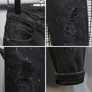 原创秋冬新品满身泼墨黑色破洞小脚裤男青年韩版修身刮烂牛仔长裤