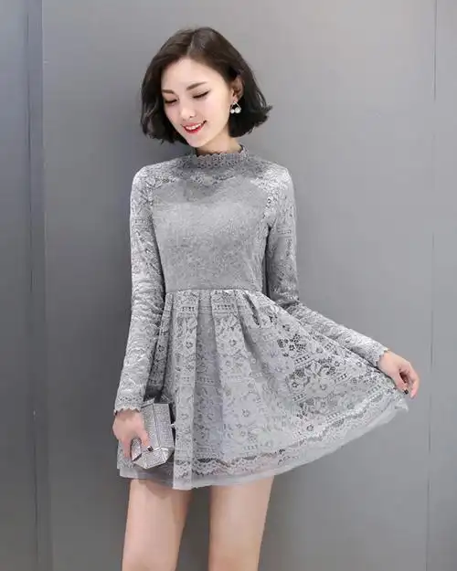 韩版针织2016春秋连衣裙长袖春季新品女装a字裙摆修身蕾丝高领打底裙