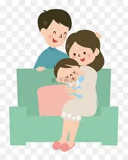 一家人沙发合影爸爸妈妈女儿儿子幸福png格式正版卡通手绘家人共度