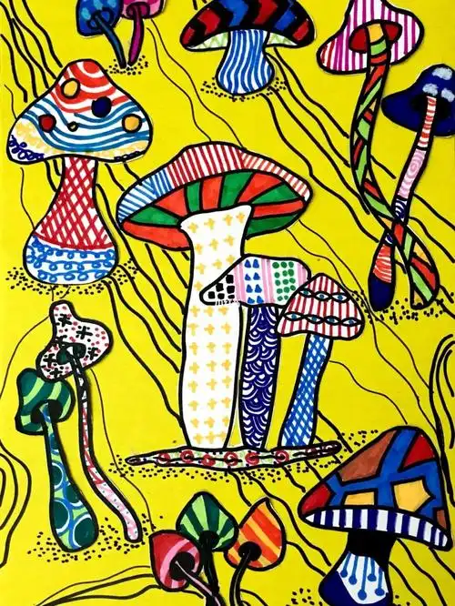 儿童创意美术课程|彩色线描蘑菇96