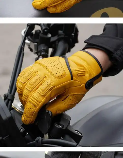 复古手套摩托车男女哈雷机车骑行真皮防摔透气四季 橘色 xs【图片