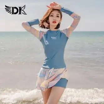 zkdk泳衣女分体韩国ins风新款防晒保守遮肚显瘦温泉运动游泳装浅蓝花