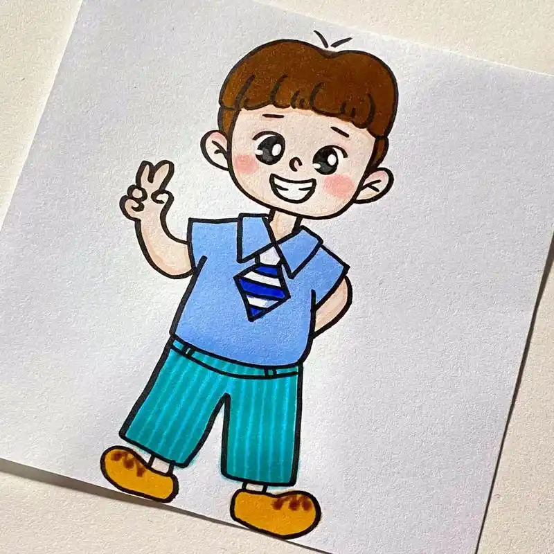 儿童画|卡通小男孩9699-附线稿 10×10的衬衫牛仔小男孩