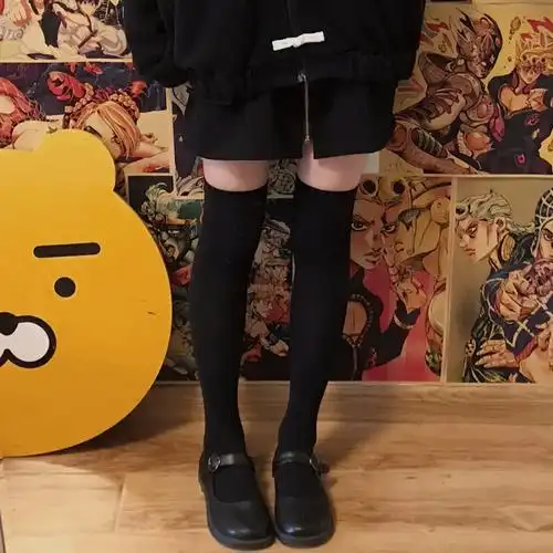 女士棉袜长袜黑色平板纯色过膝长筒袜宽罗口jk学生大腿高筒袜