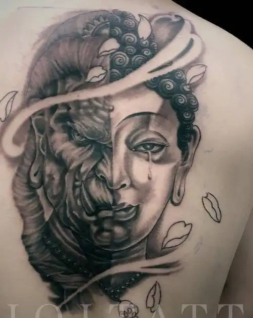 一念之间纹身图片_背部新传统纹身图案