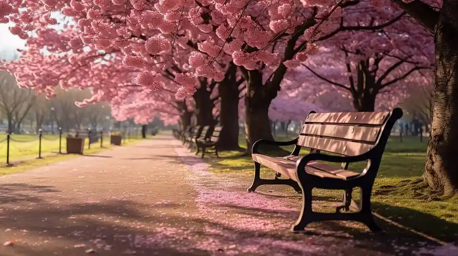 公园里盛开的樱花与长椅樱花飘落浪漫意境风景唯美壁纸