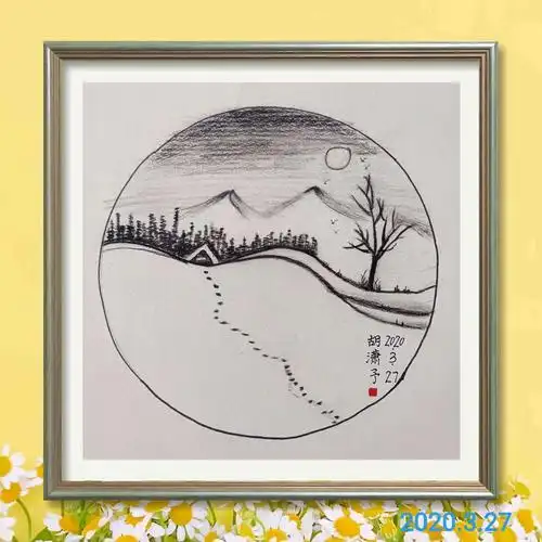 胡儿黑白山水画