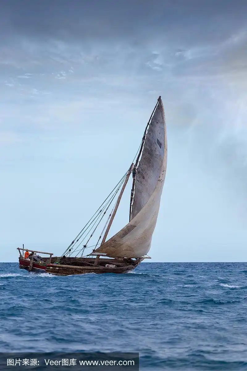 大型传统单桅帆船,在强风中扬起三角帆