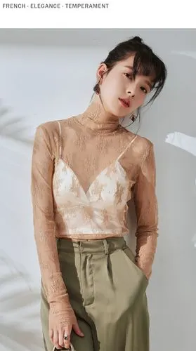 透视透明蕾丝性感打底衫高领网纱女内搭薄款纱衣洋气小衫春季上衣 米