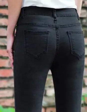 2017春季高腰大码学生黑色牛仔裤女长裤紧身弹力显瘦小脚铅笔裤 黑色