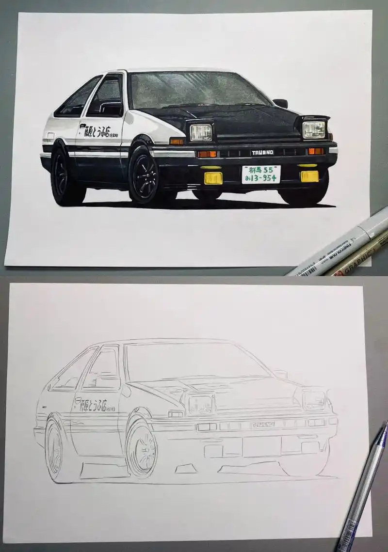 画个头文字d里的ae86 马克笔手绘丰田ae86.应该是画过的第二张了