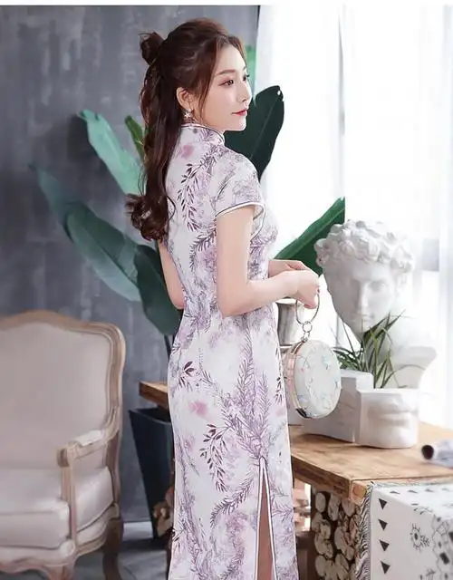 秀观唐花桃2020春夏新款改良雪纺印花优雅提花时尚中国风旗袍裙 白色