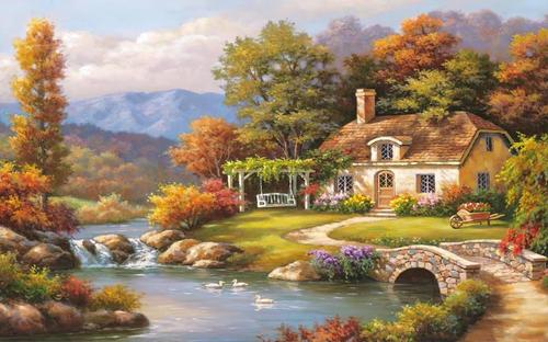 g1059定制欧式托马斯庄园沙发背景无框餐厅画芯风景欧式油画