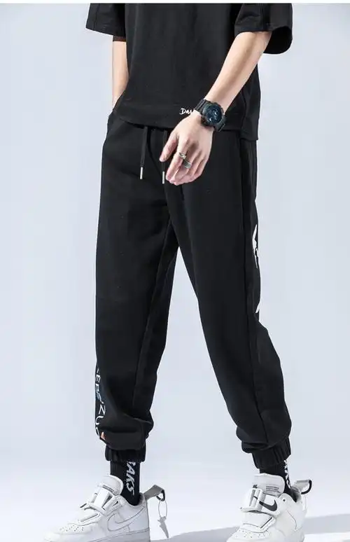 春季新款文化印花卫裤男潮流宽松哈伦运动裤ins休闲九分裤子 黑色 m