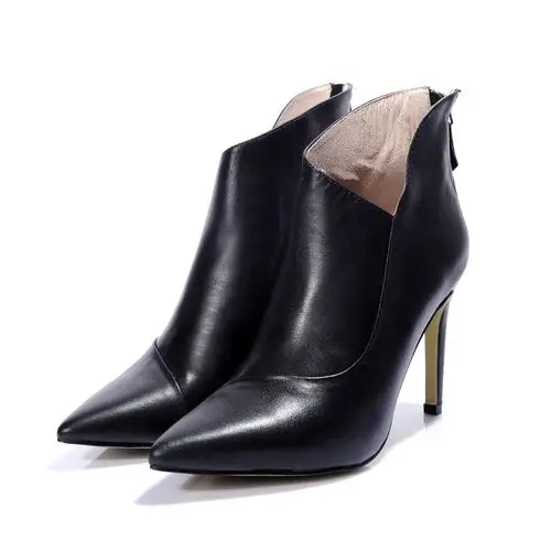 欧洲站 时尚经典女王范14新款短靴 尖头高跟低筒细跟真皮女靴批发