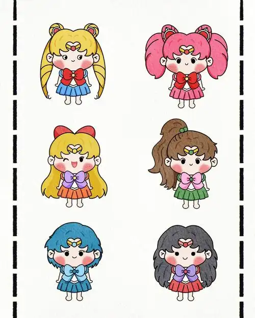 q版简笔画胖脸美少女战士可爱水冰月