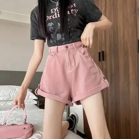 脏粉色牛仔短裤女2024夏季新款韩版百搭a字裤高腰时尚卷边松紧… - 17