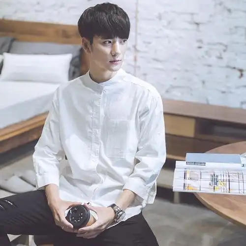 baluoshang秋季立领七分袖白衬衫男士韩版潮流衬衣无领秋装男生帅气