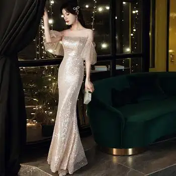 晚礼服女2020新款宴会气质香槟色高级质感年会亮片长款主持鱼尾裙