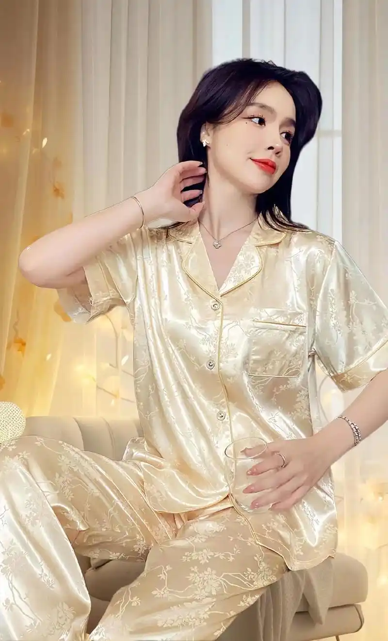 抖in好物冰丝睡衣女款夏季套装爆款2024新款仿真丝女士薄款短袖长裤家