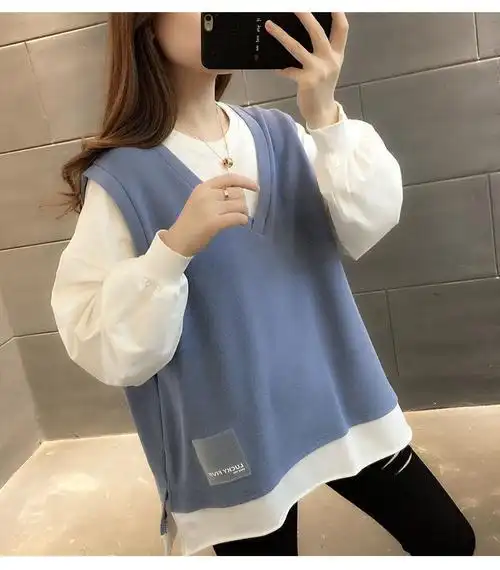 假两件卫衣女装拼接初秋薄款新款2021长袖韩版宽松开叉套头棉上衣