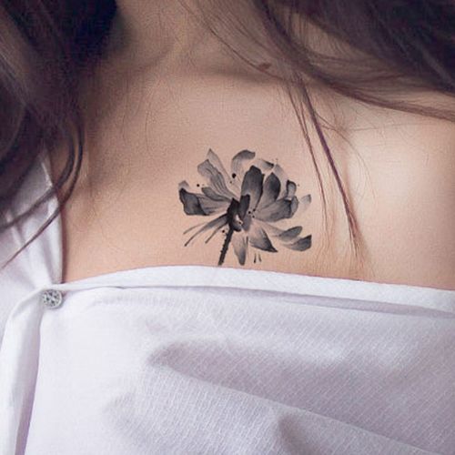 荷花水墨纹身贴黑白文艺防水锁骨胸部持久男女中国风莲花素雅清新