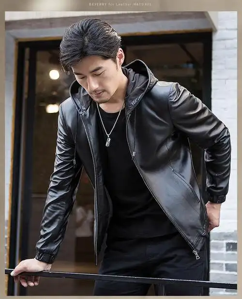 真皮皮衣男绵羊皮修身机车皮夹克韩版潮流皮外套男 夹棉款-连帽-黑色