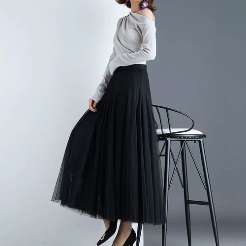 元乐申网纱半身裙秋冬女中长款垂感裙子百褶裙半身长裙仙纱裙长款冬裙