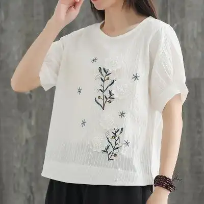 2019棉麻上衣短袖夏季新款宽松绣花亚麻小衫显瘦苎麻t恤女