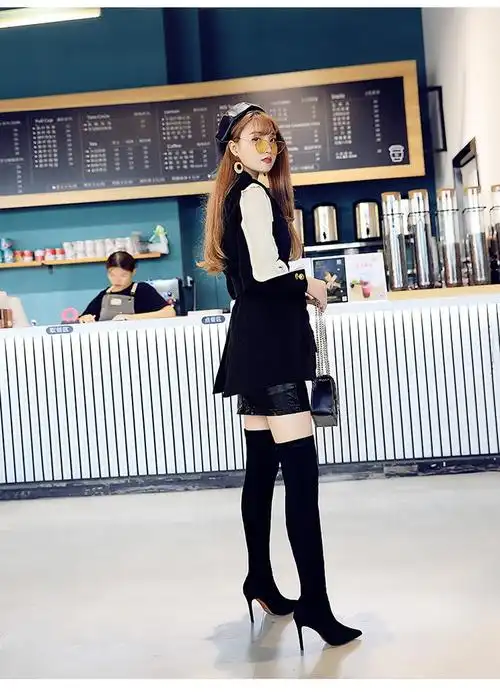 42码伪娘高跟女装变装时尚简约秋冬长靴细跟绒面性感夜店显瘦大码过膝