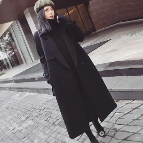 黑色系带呢子大衣女2019秋冬新款韩版加厚中长款过膝显瘦毛呢外套