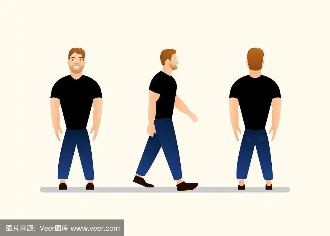 年轻人字符在黑色t恤和蓝色牛仔裤,正面,侧面和背面的观点