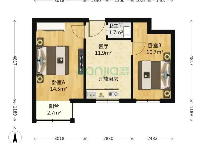 北京团结湖中路北二条2室1厅1卫50平米户型图