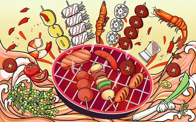 卡通烧烤烤肉食材美食手绘插画串串小吃美味烤串碳烤餐饮餐厅烧烤烧烤