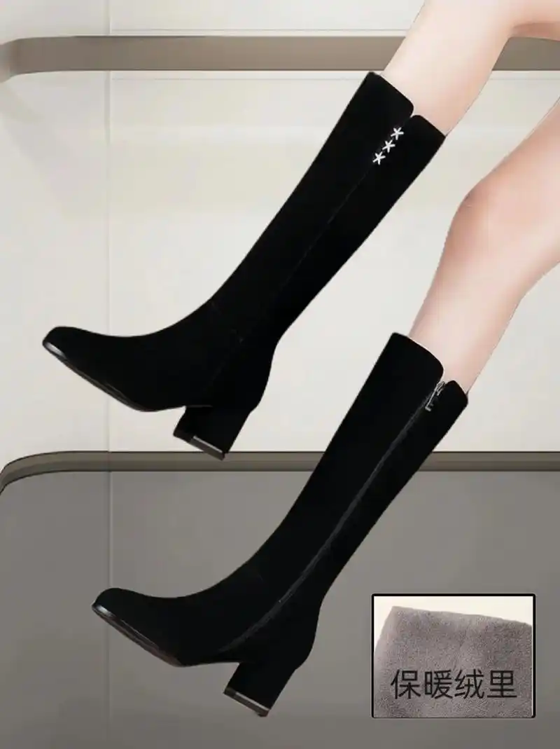 冬季新款磨砂真皮粗跟圆头长筒靴.