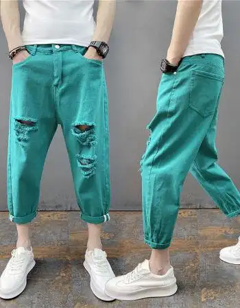 裤七分裤男破洞韩版潮流精神小伙修身哈伦小脚裤色布青色29建议95105