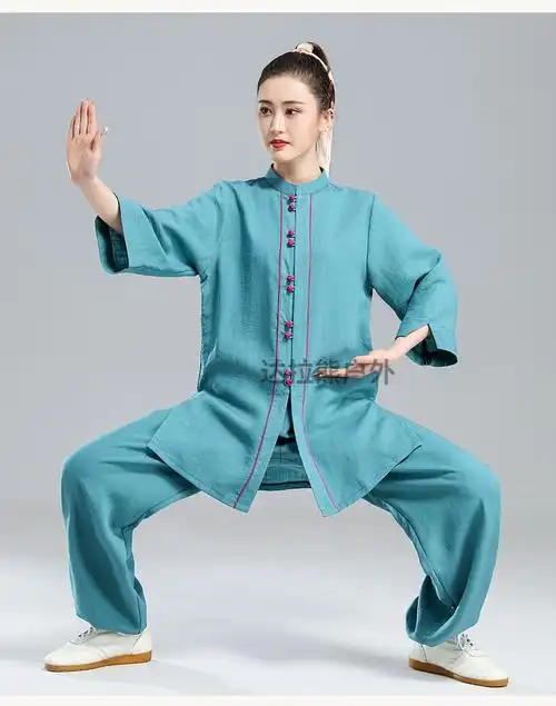山人运动同款太极服棉麻夏装太极服女夏季新款棉麻中袖练功服武术服
