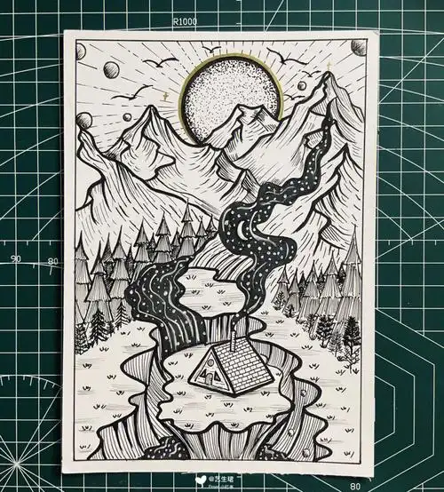 黑白风景画93超治愈线描510093针管笔手绘