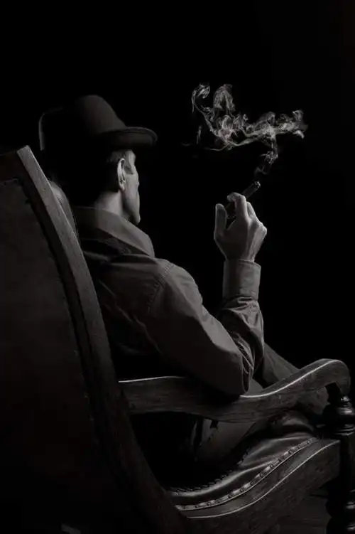 西方人,一个人,坐,举,吸烟,竖图,黑白,室内,白天,侧面,沙发,香烟,欧洲