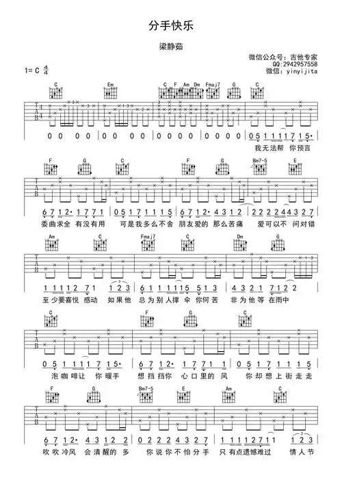 梁静茹《分手快乐》吉他谱_c调吉他弹唱谱第1张