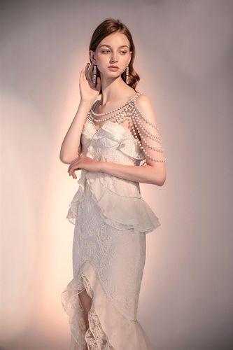 女装女装澳洲法式蕾丝裙珍珠链名媛气质吊带礼服裙晚礼服裙9083