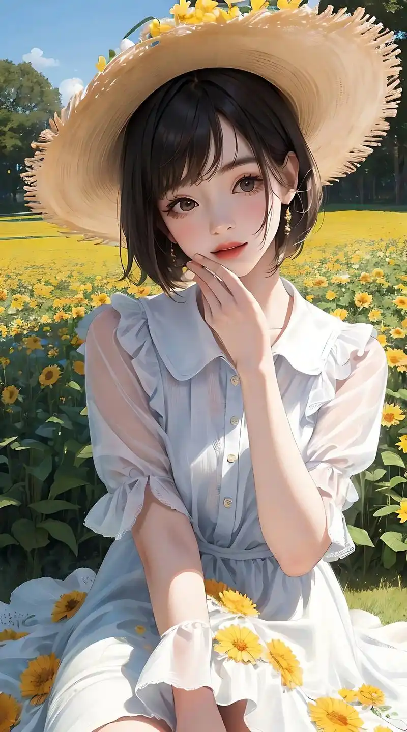 一个微笑着可以的小女孩,彩虹色的长头发,麻花辫子,菊花的草帽 - 抖音