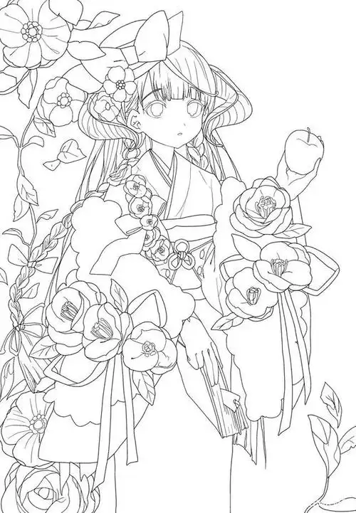 二次元动漫女生涂色线稿